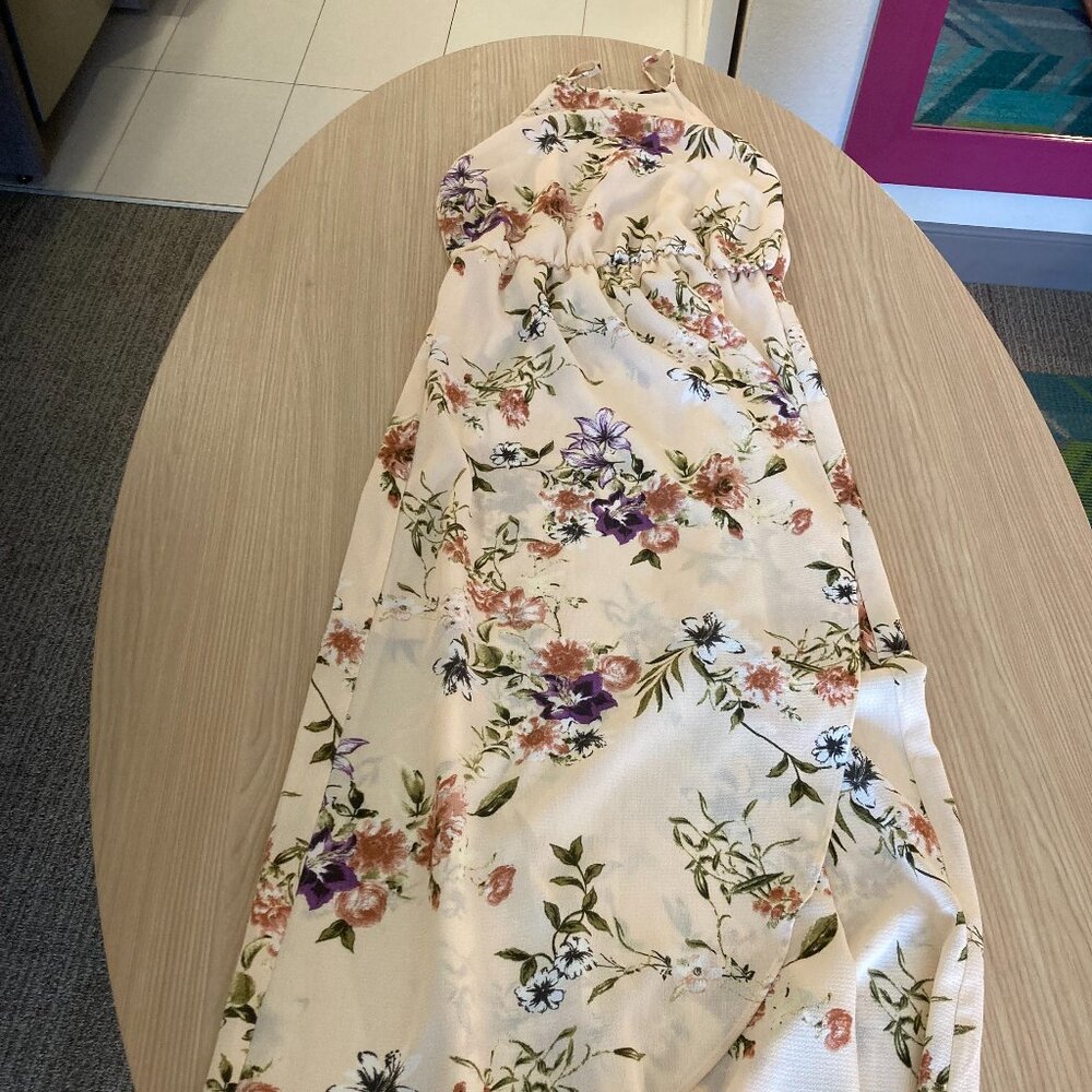 MM Couture Floral Print Dress XS Xtra Small Maxi Length Ruffle Front Elastic